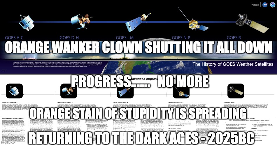 orange wanker clown | ORANGE WANKER CLOWN SHUTTING IT ALL DOWN; PROGRESS.......   NO MORE; ORANGE STAIN OF STUPIDITY IS SPREADING; RETURNING TO THE DARK AGES - 2025BC | image tagged in progress not possible with maga | made w/ Imgflip meme maker