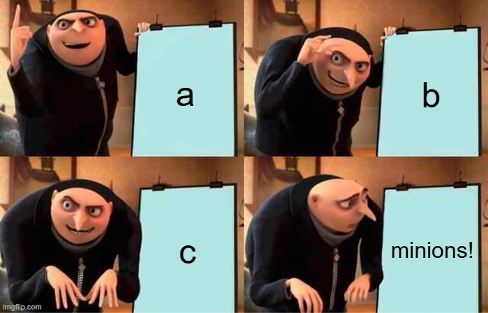 a...b....c..... | a; b; c; minions! | image tagged in memes,gru's plan | made w/ Imgflip meme maker