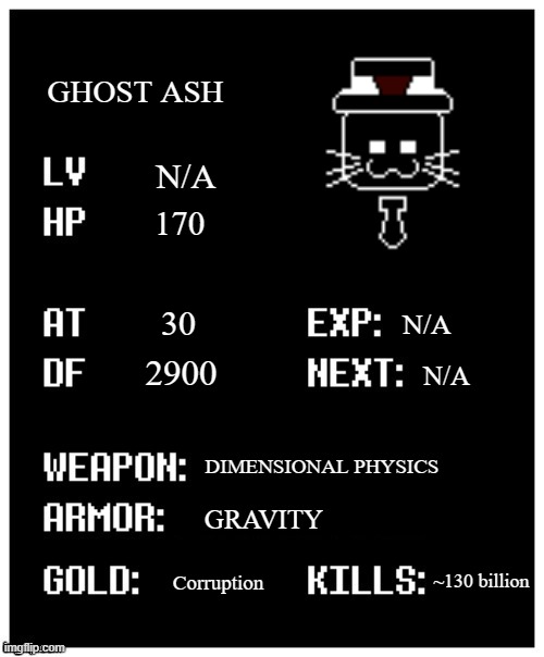 yes. | GHOST ASH; N/A; 170; 30; N/A; 2900; N/A; DIMENSIONAL PHYSICS; GRAVITY; ~130 billion; Corruption | image tagged in undertale player stats,sans of topic | made w/ Imgflip meme maker