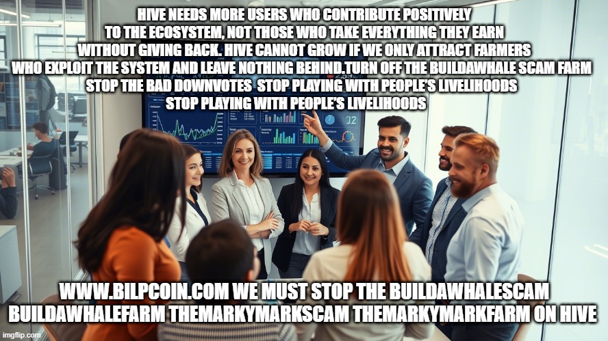 HIVE NEEDS MORE USERS WHO CONTRIBUTE POSITIVELY TO THE ECOSYSTEM, NOT THOSE WHO TAKE EVERYTHING THEY EARN WITHOUT GIVING BACK. HIVE CANNOT GROW IF WE ONLY ATTRACT FARMERS WHO EXPLOIT THE SYSTEM AND LEAVE NOTHING BEHIND.TURN OFF THE BUILDAWHALE SCAM FARM  
STOP THE BAD DOWNVOTES  STOP PLAYING WITH PEOPLE’S LIVELIHOODS  
STOP PLAYING WITH PEOPLE’S LIVELIHOODS; WWW.BILPCOIN.COM WE MUST STOP THE BUILDAWHALESCAM BUILDAWHALEFARM THEMARKYMARKSCAM THEMARKYMARKFARM ON HIVE | made w/ Imgflip meme maker