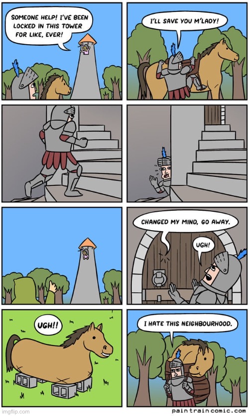 image tagged in comics,knight,woman in tower,scam,horse | made w/ Imgflip meme maker