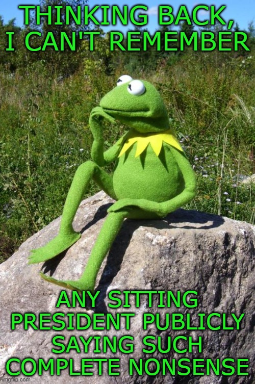 Kermit-thinking | THINKING BACK,
I CAN'T REMEMBER ANY SITTING PRESIDENT PUBLICLY SAYING SUCH COMPLETE NONSENSE | image tagged in kermit-thinking | made w/ Imgflip meme maker