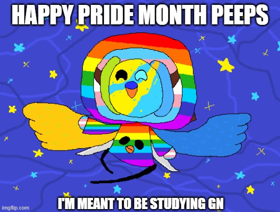bit late but oh well | HAPPY PRIDE MONTH PEEPS; I'M MEANT TO BE STUDYING GN | image tagged in goober | made w/ Imgflip meme maker