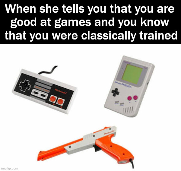 I learned on older games because we could not afford the latest systems | When she tells you that you are 
good at games and you know 
that you were classically trained | image tagged in gaming | made w/ Imgflip meme maker