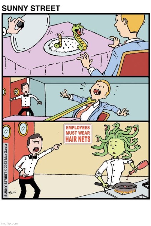 image tagged in comics,restaurant,snakebite,waiter,medusa | made w/ Imgflip meme maker