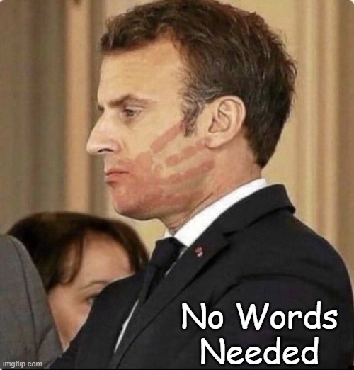 One of those memes that stands on its own.... | No Words
Needed | image tagged in emmanuel macron,france,wife,slap,bitch slap,will smith punching chris rock | made w/ Imgflip meme maker