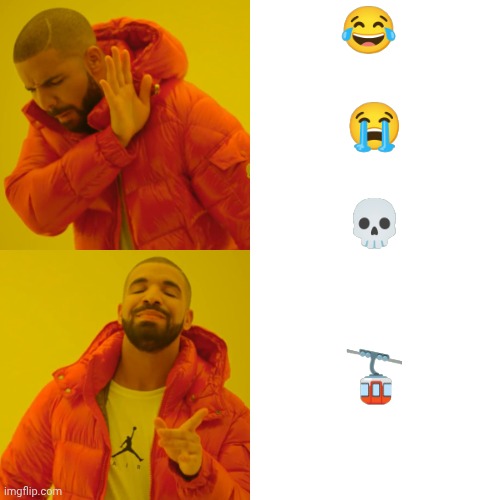 "The Least Used Emoji in the World" | 😂 
 
😭
 
💀; 🚡 | image tagged in memes,drake hotline bling,aerial tramway | made w/ Imgflip meme maker