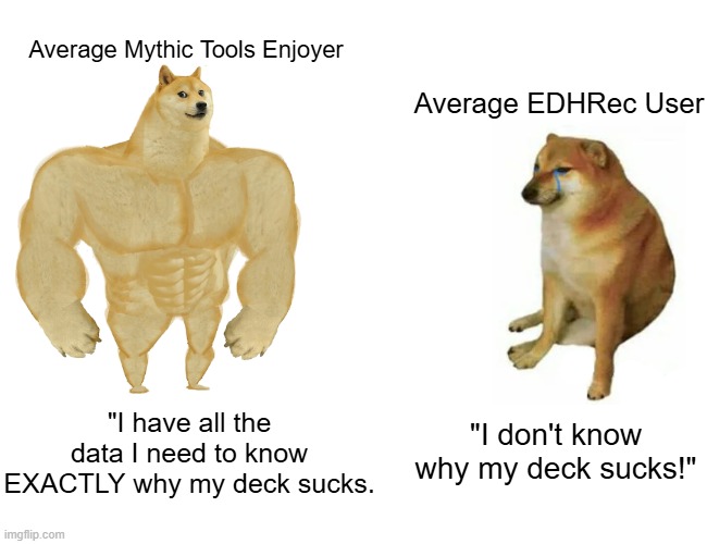 Magic Players | Average Mythic Tools Enjoyer; Average EDHRec User; "I have all the data I need to know EXACTLY why my deck sucks. "I don't know why my deck sucks!" | image tagged in memes,buff doge vs cheems | made w/ Imgflip meme maker