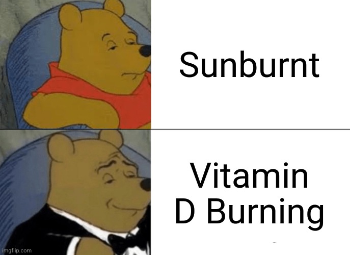 Tuxedo Winnie The Pooh Meme | Sunburnt; Vitamin D Burning | image tagged in memes,sunburn,pooh | made w/ Imgflip meme maker