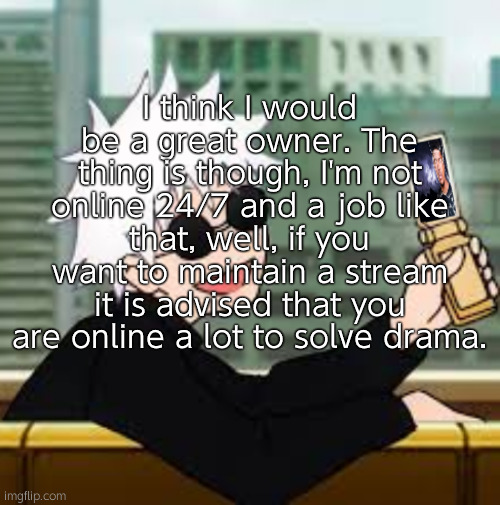 What do you think? | I think I would be a great owner. The thing is though, I'm not online 24/7 and a job like that, well, if you want to maintain a stream it is advised that you are online a lot to solve drama. | image tagged in gojo satoru lowtiergod | made w/ Imgflip meme maker