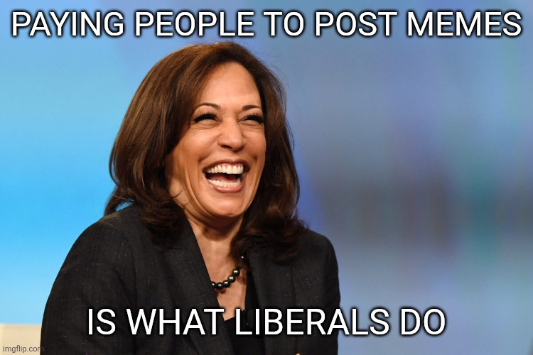 PAYING PEOPLE TO POST MEMES IS WHAT LIBERALS DO | image tagged in kamala harris laughing | made w/ Imgflip meme maker