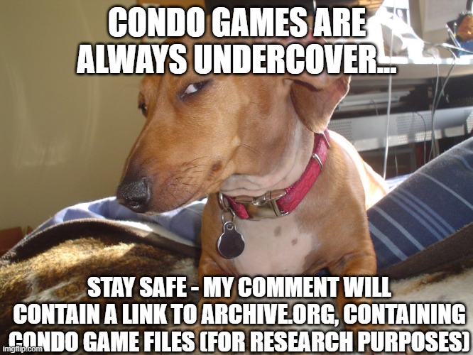 looking for people to help me with research on how condos actually are built | CONDO GAMES ARE ALWAYS UNDERCOVER... STAY SAFE - MY COMMENT WILL CONTAIN A LINK TO ARCHIVE.ORG, CONTAINING CONDO GAME FILES (FOR RESEARCH PURPOSES) | image tagged in suspicious dog,condos,roblox,research,stay safe | made w/ Imgflip meme maker