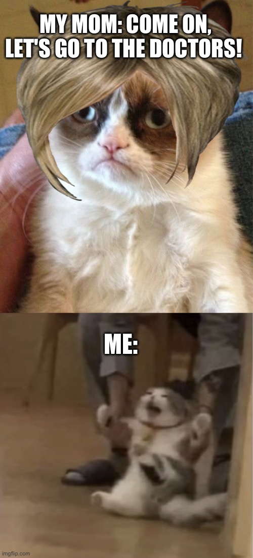 MY MOM: COME ON, LET'S GO TO THE DOCTORS! ME: | image tagged in memes,grumpy cat,angry cat being dragged away | made w/ Imgflip meme maker