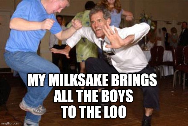 Funny dancing | MY MILKSAKE BRINGS 
ALL THE BOYS
TO THE LOO | image tagged in funny dancing | made w/ Imgflip meme maker