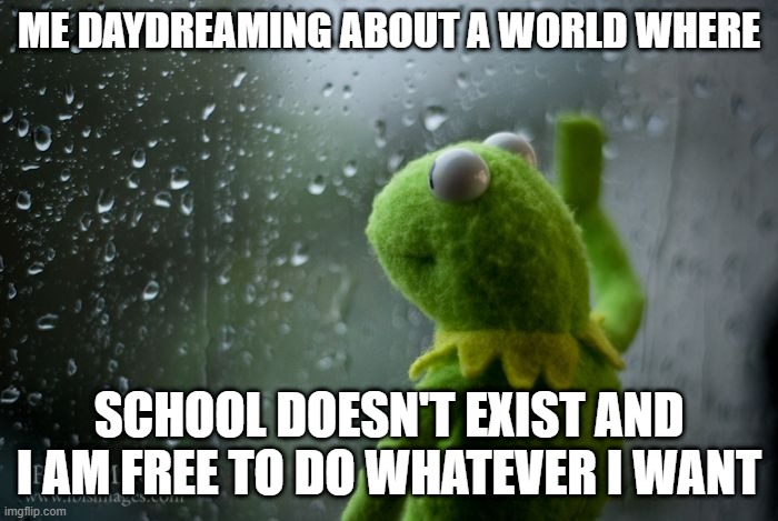 kermit window | ME DAYDREAMING ABOUT A WORLD WHERE; SCHOOL DOESN'T EXIST AND I AM FREE TO DO WHATEVER I WANT | image tagged in kermit window | made w/ Imgflip meme maker