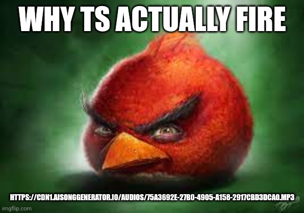 Realistic Red Angry Birds | WHY TS ACTUALLY FIRE; HTTPS://CDN1.AISONGGENERATOR.IO/AUDIOS/75A3692E-27B0-4905-A158-2917CBD3DCA0.MP3 | image tagged in realistic red angry birds | made w/ Imgflip meme maker