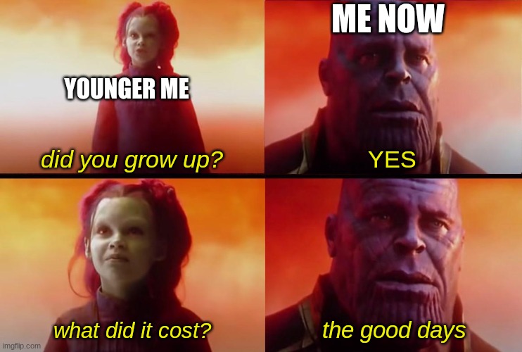 wish I could rewind sometimes... | ME NOW; YOUNGER ME; did you grow up? YES; the good days; what did it cost? | image tagged in thanos what did it cost | made w/ Imgflip meme maker