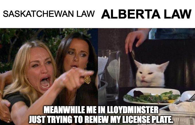 Woman Yelling At Cat | SASKATCHEWAN LAW; ALBERTA LAW; MEANWHILE ME IN LLOYDMINSTER JUST TRYING TO RENEW MY LICENSE PLATE. | image tagged in memes,woman yelling at cat | made w/ Imgflip meme maker