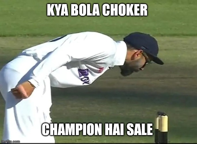 Victory | KYA BOLA CHOKER; CHAMPION HAI SALE | image tagged in virat kohli yelling into stump mic | made w/ Imgflip meme maker