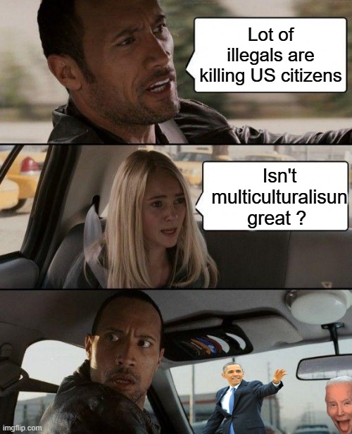 We need another Muslim president. | Lot of illegals are killing US citizens; Isn't multiculturalisun great ? | image tagged in memes,the rock driving | made w/ Imgflip meme maker