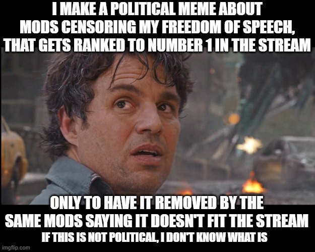 This is how you make websites die..by abusing your own TOS and targeting people you disagree with | I MAKE A POLITICAL MEME ABOUT MODS CENSORING MY FREEDOM OF SPEECH, THAT GETS RANKED TO NUMBER 1 IN THE STREAM; ONLY TO HAVE IT REMOVED BY THE SAME MODS SAYING IT DOESN'T FIT THE STREAM; IF THIS IS NOT POLITICAL, I DON'T KNOW WHAT IS | image tagged in political meme,funny memes,stupid liberals,imgflip mods,donald trump approves | made w/ Imgflip meme maker
