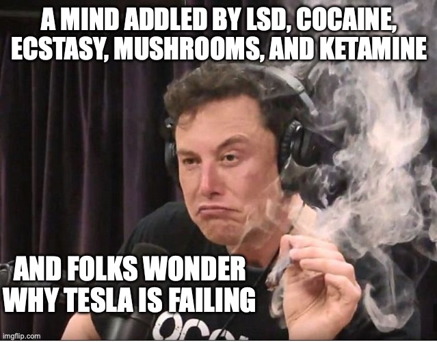 Things that are fine when you are rich, not poor: illicit pharmaceuticals | A MIND ADDLED BY LSD, COCAINE, ECSTASY, MUSHROOMS, AND KETAMINE; AND FOLKS WONDER WHY TESLA IS FAILING | image tagged in elon musk smoking a joint,doge,tesla,don't do drugs,elon musk | made w/ Imgflip meme maker