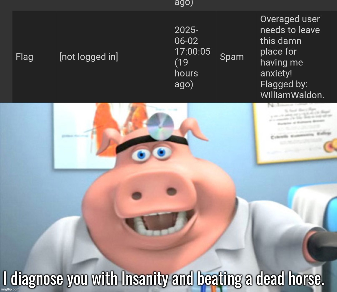 It's actually impressive he still flags my images. | I diagnose you with Insanity and beating a dead horse. | image tagged in i diagnose you with insanity,insanity,wtf,false flag,false flagging | made w/ Imgflip meme maker