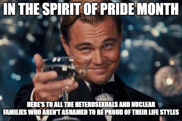 Here's to all normal people and never being ashamed of your good decisions. | IN THE SPIRIT OF PRIDE MONTH; HERE'S TO ALL THE HETEROSEXUALS AND NUCLEAR FAMILIES WHO AREN'T ASHAMED TO BE PROUD OF THEIR LIFE STYLES | image tagged in memes,leonardo dicaprio cheers,pride month,american,straight,nuclear family | made w/ Imgflip meme maker