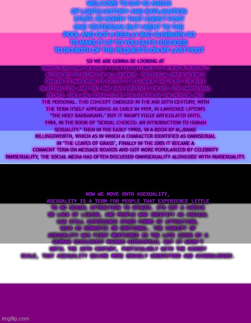 I used goggle for research, comment on which one I should discuss next, have any questions just feel free to meme chat me | WELCOME TO DAY #2 AND#3 OF LGBTQ HISTORY AND EXPLANATION STUFF, I'M SORRY THAT I DIDN'T POST ONE YESTERDAY, BUT I WENT TO THE POOL AND GOT A REALLY BAD SUNBURN SO TO MAKE IT UP TO YOU GUYS I DECIDED TO DO BOTH OF THE REQUESTS ON MY LAST POST; SO WE ARE GONNA BE LOOKING AT OMNISEXUAL,OMNI SEXUALITY IS OFTEN REFERRED TO WHERE A PERSON IS ATTRACTED TO PEOPLE OF ALL GENDERS. THIS SEXUAL ORIENTATION IS SIMILAR TO PANSEXUALITY, EXCEPT IT IS GENDER THAT PLAYS THE ROLE IN ATTRACTION, AND THEY MAY HAVE PREFENCES OR NOT. FOR OMNISEXUAL PEOPLE, THEY ARE ATTRACTED BY THE GENDER OF THE PERSON, NOT THE PERSONAL. THIS CONCEPT EMERGED IN THE MID 20TH CENTURY, WITH THE TERM ITSELF APPEARING AS EARLY IN 1959, IN LAWRENCE LIPTON'S "THE HOLY BARBARIANS." BUT IT WASN'T FULLY ARTICULATED UNTIL 1984, IN THE BOOK OF "SEXUAL CHOICES: AN INTRODUCTION TO HUMAN SEXUALITY." THEN IN THE EARLY 1990S, IN A BOOK BY M,JIMMIE KILLINGSWORTH, WHICH AS IN WHICH A CHARACTER IDENTIFIED AS OMNISEXUAL IN "THE LEAVES OF GRASS", FINALLY IN THE 200S IT BECAME A COMMENT TERM ON MESSAGE BOARDS AND GOT MORE POPULARIZED BY CELEBRITY PANSEXUALITY, THE SOCIAL MEDIA HAS OFTEN DISCUSSED OMNISEXUALITY ALONGSIDE WITH PANSEXUALITY. NOW WE MOVE ONTO ASEXUALITY, ASEXUALITY IS A TERM FOR PEOPLE THAT EXPERIENCE LITTLE TO NO SEXUAL ATTRACTION TO OTHERS. ITS NOT A CHOICE OR LACK OF LIBIDO, AND PEOPLE WHO IDENTIFY AS ASEXUAL CAN STILL EXPERIENCE OTHER FORMS OF ATTRACTION, SUCH AS ROMANTIC OR EMOTIONAL. THE CONCEPT OF ASEXUALITY WAS FIRST MENTIONED IN THE LATE 1890S BY A GERMAN SEXOLOGIST MAGNUS HIRSCHFELD, BUT IT WASN'T UNTIL THE 20TH CENTURY, PARTICULARLY WITH THE KINSEY SCALE, THAT ASEXUALITY BECAME MORE BROADLY UNDERSTOOD AND ACKNOWLEDGED. | made w/ Imgflip meme maker