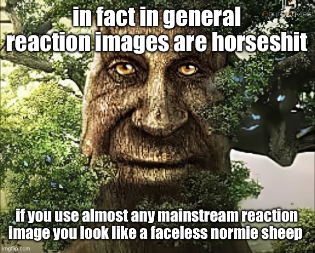 tree | in fact in general reaction images are horseshit; if you use almost any mainstream reaction image you look like a faceless normie sheep | image tagged in tree | made w/ Imgflip meme maker