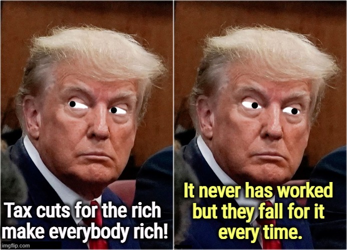 A totally phony promise. | Tax cuts for the rich 
make everybody rich! It never has worked 
but they fall for it 
every time. | image tagged in trump,trickle down,lies,repeat,suckers | made w/ Imgflip meme maker