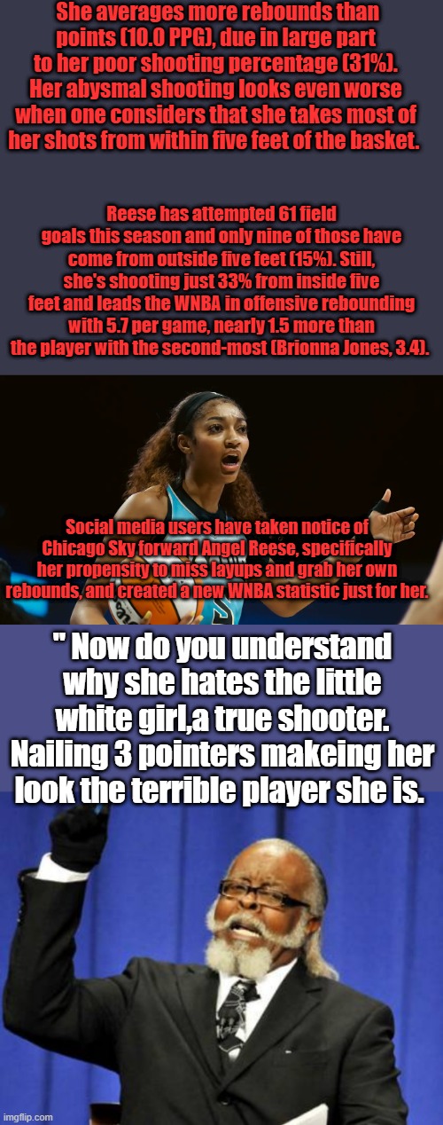 DEI BWNBA assoc. | She averages more rebounds than points (10.0 PPG), due in large part to her poor shooting percentage (31%). Her abysmal shooting looks even worse when one considers that she takes most of her shots from within five feet of the basket. Reese has attempted 61 field goals this season and only nine of those have come from outside five feet (15%). Still, she's shooting just 33% from inside five feet and leads the WNBA in offensive rebounding with 5.7 per game, nearly 1.5 more than the player with the second-most (Brionna Jones, 3.4). Social media users have taken notice of Chicago Sky forward Angel Reese, specifically her propensity to miss layups and grab her own rebounds, and created a new WNBA statistic just for her. " Now do you understand why she hates the little white girl,a true shooter. Nailing 3 pointers makeing her look the terrible player she is. | image tagged in memes,too damn high | made w/ Imgflip meme maker