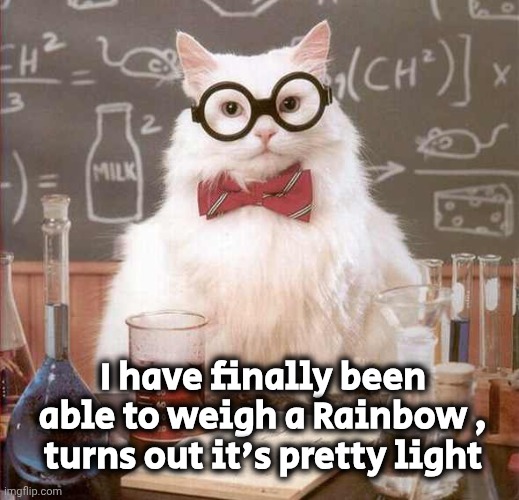 Science Marches On | I have finally been able to weigh a Rainbow ,
turns out it's pretty light | image tagged in cat scientist,dad joke,ba dum shh,dad joke dog,oh no cat,this is beyond science | made w/ Imgflip meme maker