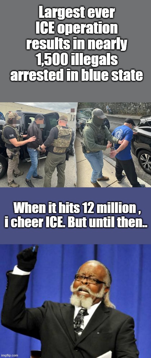 "The numbers are to dam low.,less talking & more deporting " | Largest ever ICE operation results in nearly 1,500 illegals arrested in blue state; When it hits 12 million , i cheer ICE. But until then.. | image tagged in memes,too damn high | made w/ Imgflip meme maker