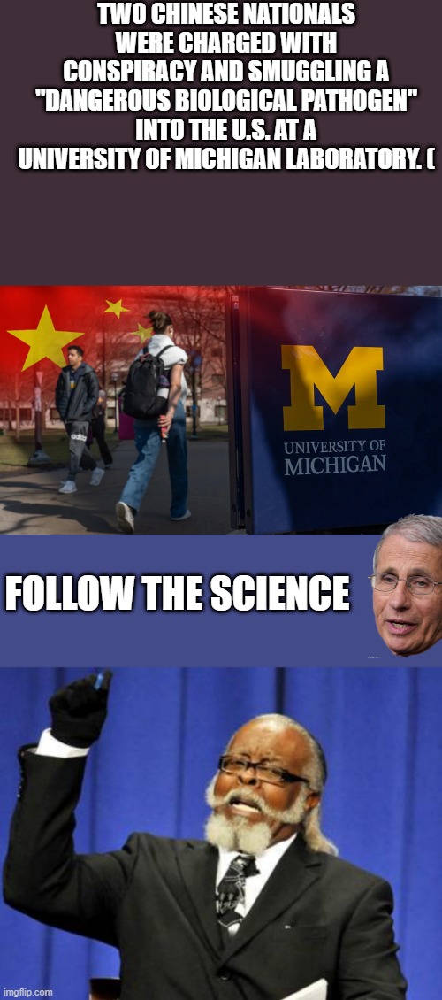According to the criminal complaint,Jian,33, allegedly received Chinese government funding for her work on the pathogen in China | TWO CHINESE NATIONALS WERE CHARGED WITH CONSPIRACY AND SMUGGLING A "DANGEROUS BIOLOGICAL PATHOGEN" INTO THE U.S. AT A UNIVERSITY OF MICHIGAN LABORATORY. (; FOLLOW THE SCIENCE | image tagged in memes,too damn high | made w/ Imgflip meme maker