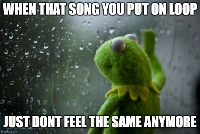 kermit window | WHEN THAT SONG YOU PUT ON LOOP; JUST DONT FEEL THE SAME ANYMORE | image tagged in kermit window | made w/ Imgflip meme maker