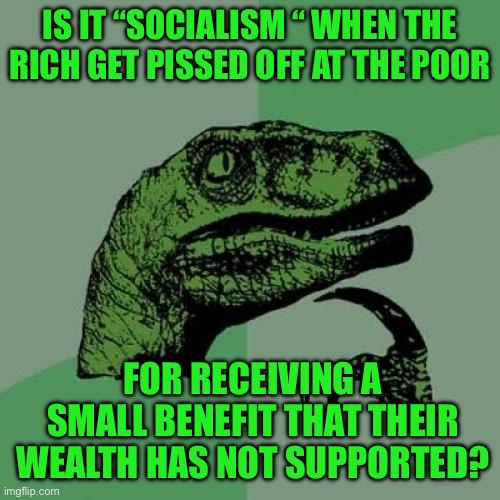 Philosoraptor | IS IT “SOCIALISM “ WHEN THE RICH GET PISSED OFF AT THE POOR; FOR RECEIVING A SMALL BENEFIT THAT THEIR WEALTH HAS NOT SUPPORTED? | image tagged in memes,philosoraptor | made w/ Imgflip meme maker