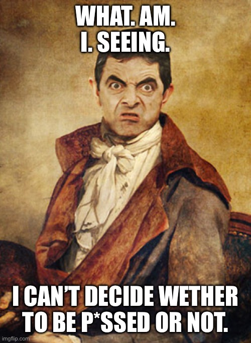 WHAT. AM. I. SEEING. I CAN’T DECIDE WETHER TO BE P*SSED OR NOT. | made w/ Imgflip meme maker