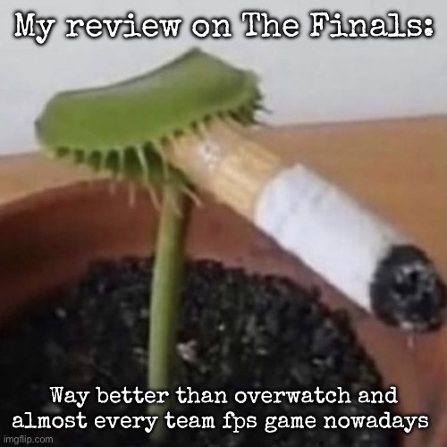 (TF2 ain’t modern) | My review on The Finals:; Way better than overwatch and almost every team fps game nowadays | image tagged in plant weeds,msmg | made w/ Imgflip meme maker