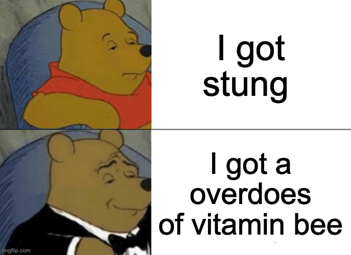 Tuxedo Winnie The Pooh | I got stung; I got a overdoes of vitamin bee | image tagged in memes,tuxedo winnie the pooh | made w/ Imgflip meme maker