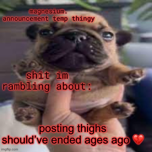 also sometimes, they’re actual twigs | posting thighs should’ve ended ages ago 💔 | image tagged in pug temp | made w/ Imgflip meme maker