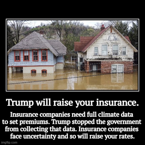 Trump will raise your insurance. | Insurance companies need full climate data 
to set premiums. Trump stopped the government 
from collectin | image tagged in funny,demotivationals,trump,insurance,climate change,data | made w/ Imgflip demotivational maker