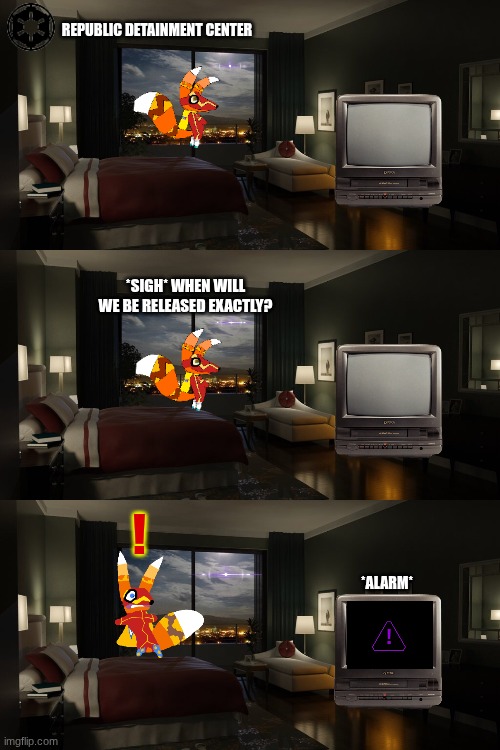 Detainment | REPUBLIC DETAINMENT CENTER; *SIGH* WHEN WILL WE BE RELEASED EXACTLY? ! *ALARM* | image tagged in night bedroom,republic,meridia,wormhole,death | made w/ Imgflip meme maker