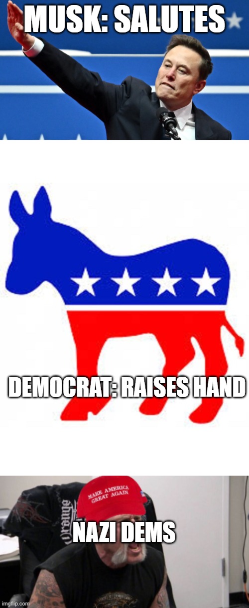 24/7 | MUSK: SALUTES; DEMOCRAT: RAISES HAND; NAZI DEMS | image tagged in elon hitler,democrat donkey,maga idiot | made w/ Imgflip meme maker