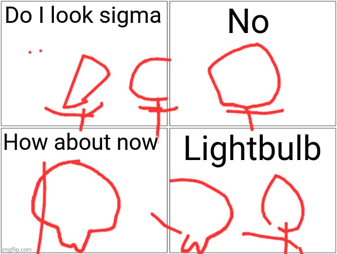Blank Comic Panel 2x2 | Do I look sigma; No; How about now; Lightbulb | image tagged in memes,blank comic panel 2x2 | made w/ Imgflip meme maker