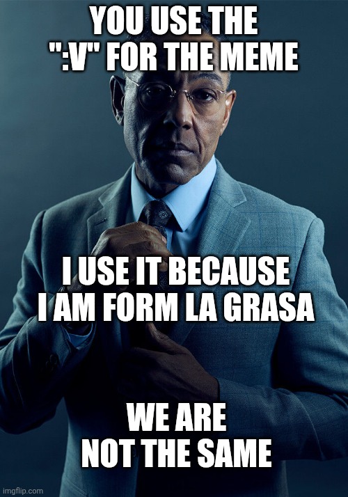 La grasa | YOU USE THE ":V" FOR THE MEME; I USE IT BECAUSE I AM FORM LA GRASA; WE ARE NOT THE SAME | image tagged in gus fring we are not the same | made w/ Imgflip meme maker