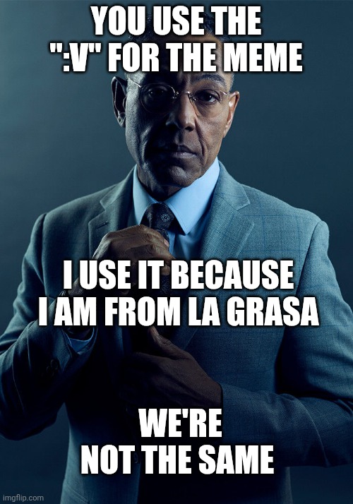 La Grasa corrected | YOU USE THE ":V" FOR THE MEME; I USE IT BECAUSE I AM FROM LA GRASA; WE'RE NOT THE SAME | image tagged in gus fring we are not the same | made w/ Imgflip meme maker