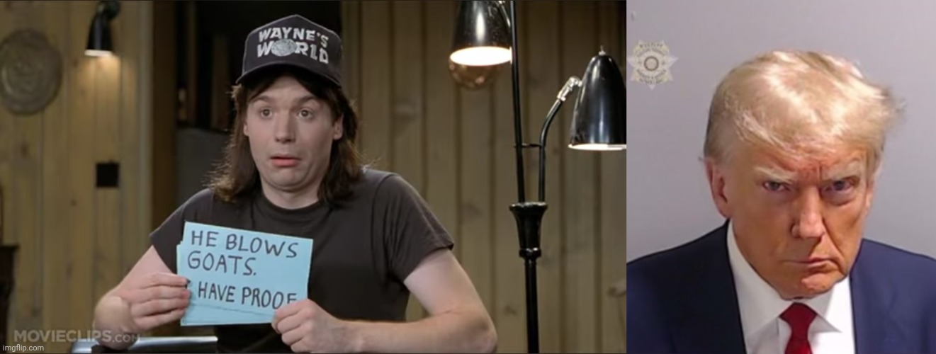 A republican says what | image tagged in wayne's world,donald trump mugshot | made w/ Imgflip meme maker