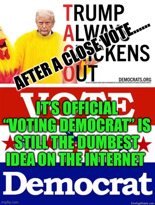 Policy deficient Democrats invent TACO: A weird, idiotic, meaningless drubbed up, strategy. | AFTER A CLOSE VOTE……; IT’S OFFICIAL “VOTING DEMOCRAT” IS STILL THE DUMBEST IDEA ON THE INTERNET | image tagged in gifs,hoax,democrats,stupid liberals,taco,useless | made w/ Imgflip meme maker