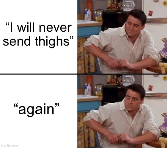 Surprised Joey | “I will never send thighs”; “again” | image tagged in surprised joey | made w/ Imgflip meme maker